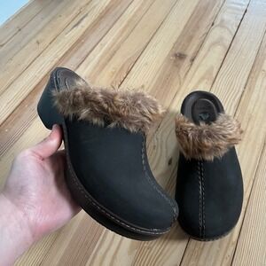 Crocs Gretel Black Faux Fur Lined Platform Wedge Clogs Mules Womens 7 16288
